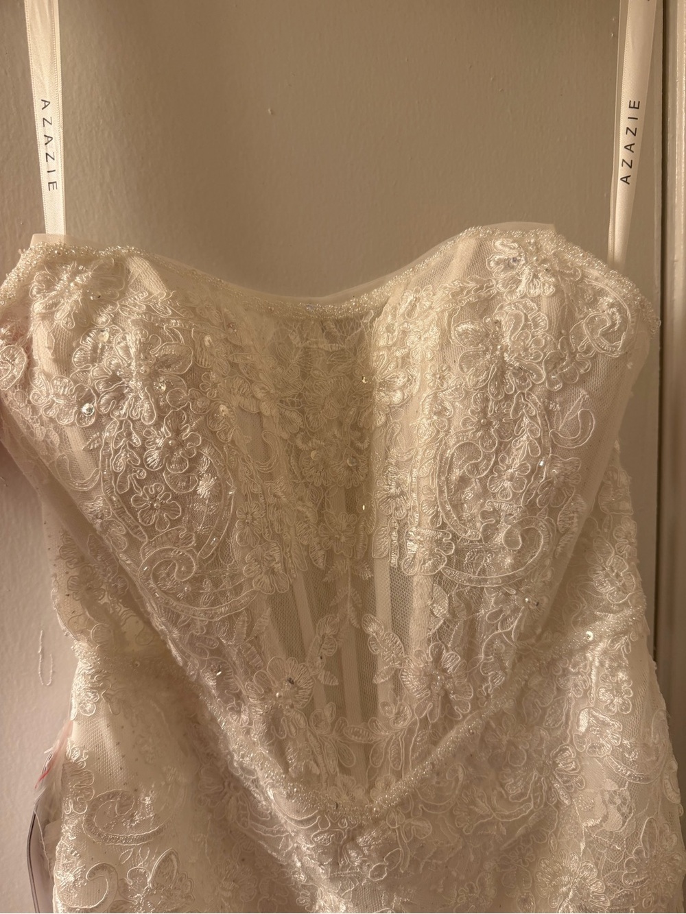 Azazie Diamond White Strapless Lace Mermaid Gown